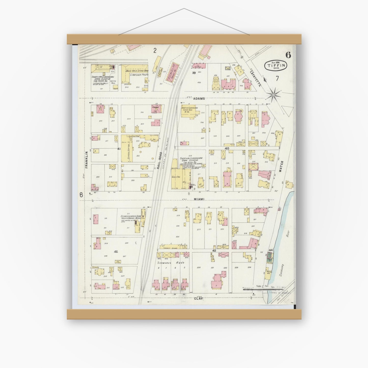 Old map wall art mockup — magnetic wood frame on white wall — Sanborn Fire Insurance Map from Tiffin, Seneca County, Ohio (1896), Sheet #0006