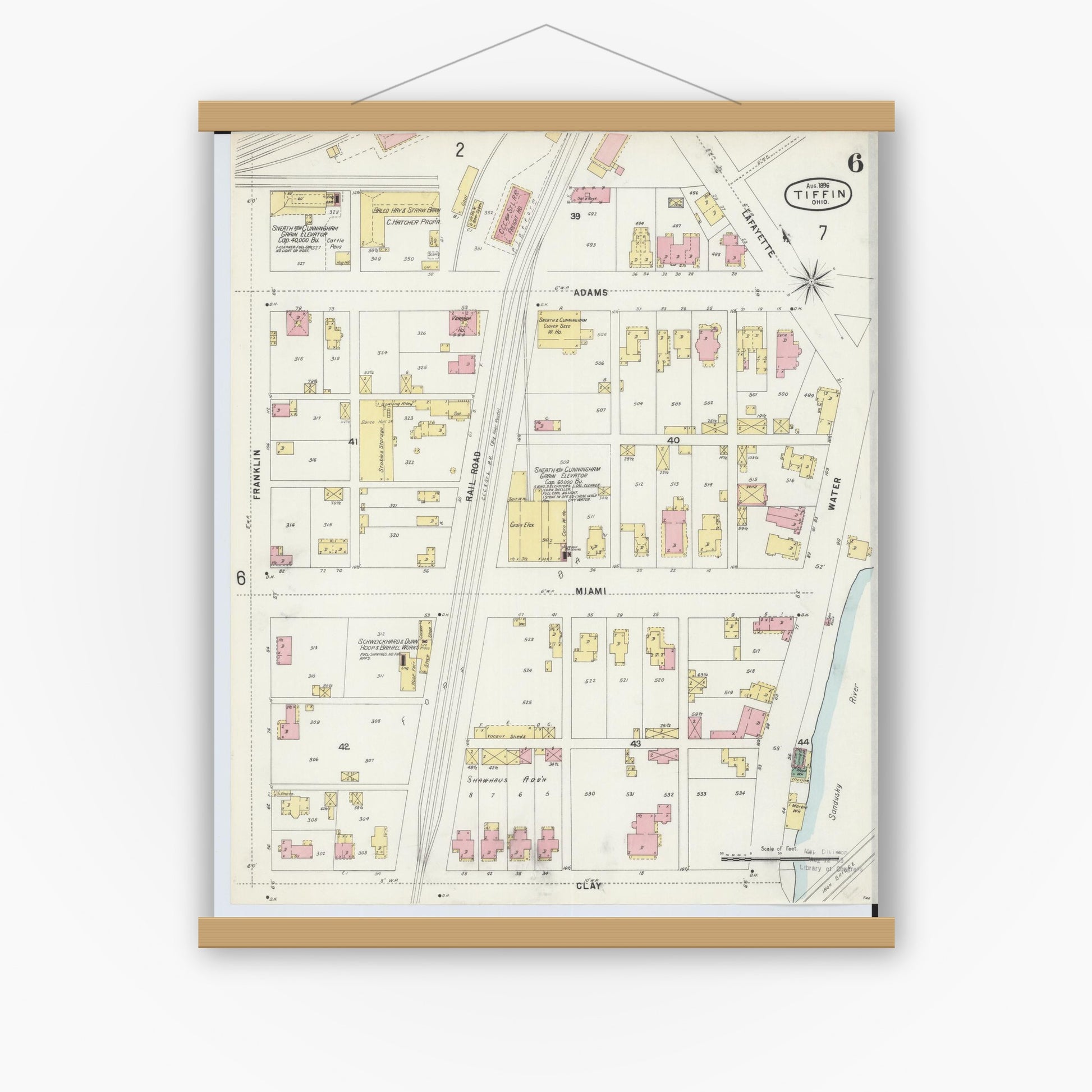 Old map wall art mockup — magnetic wood frame on white wall — Sanborn Fire Insurance Map from Tiffin, Seneca County, Ohio (1896), Sheet #0006
