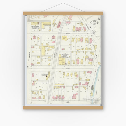Old map wall art mockup — magnetic wood frame on white wall — Sanborn Fire Insurance Map from Tiffin, Seneca County, Ohio (1896), Sheet #0006