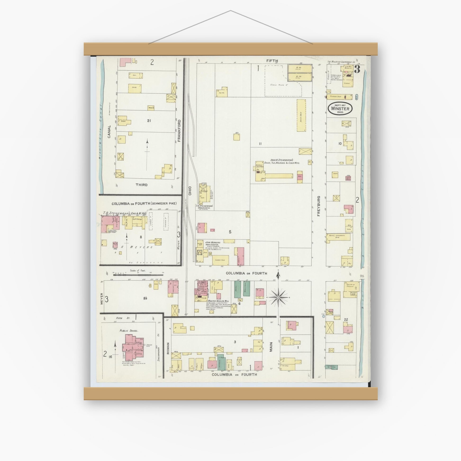 Old map wall art mockup — magnetic wood frame on white wall — Sanborn Fire Insurance Map from Minster, Auglaize County, Ohio (1907), Sheet #0003