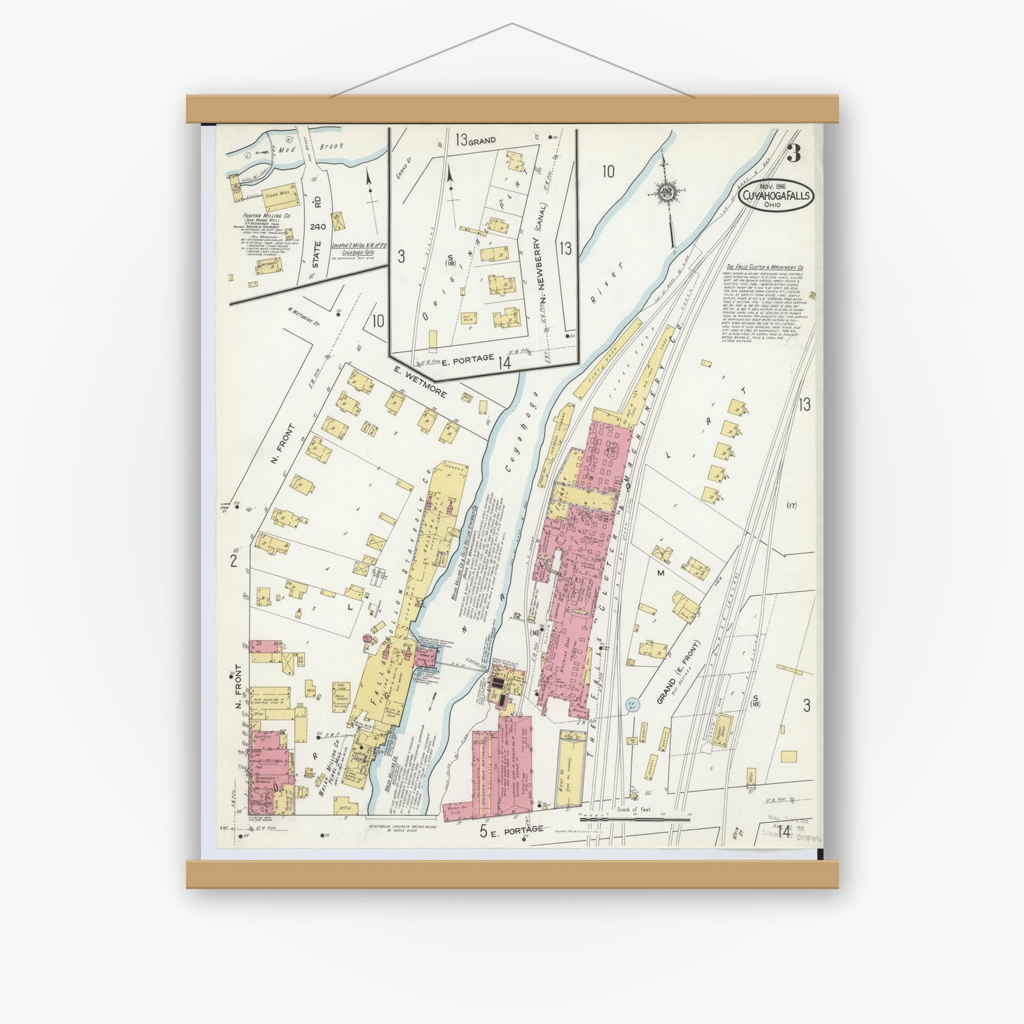 Old map wall art mockup — magnetic wood frame on white wall — Sanborn Fire Insurance Map from Cuyahoga Falls, Summit County, Ohio (1916), Sheet #0003