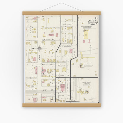 Old map wall art mockup — magnetic wood frame on white wall — Sanborn Fire Insurance Map from Springfield, Sangamon County, Illinois (1890), Sheet #0018