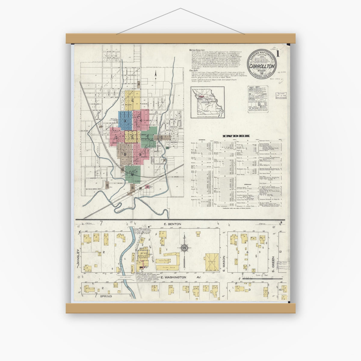 Old map wall art mockup — magnetic wood frame on white wall — Sanborn Fire Insurance Map from Carrollton, Carroll County, Missouri (1916) - Complete Map Set