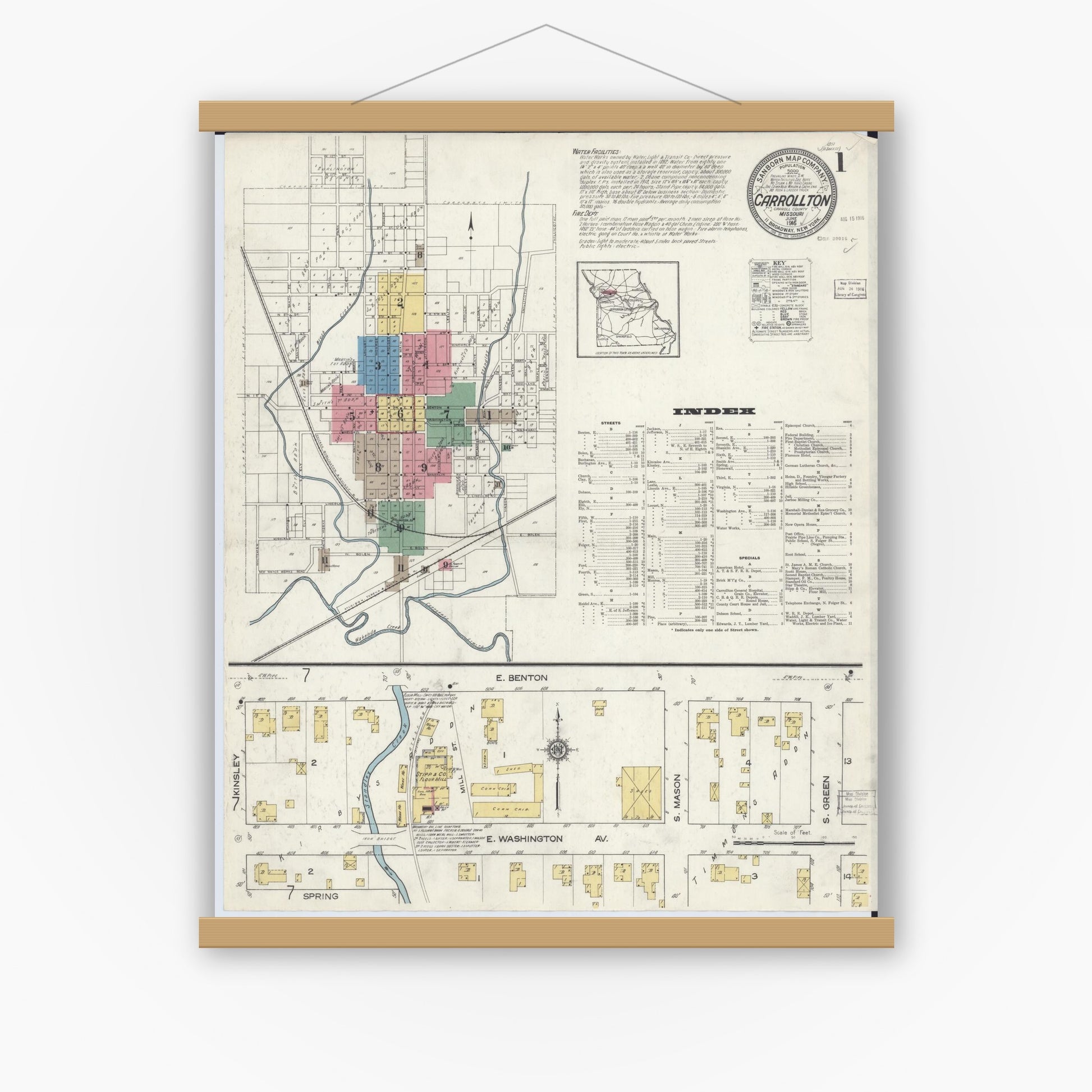 Old map wall art mockup — magnetic wood frame on white wall — Sanborn Fire Insurance Map from Carrollton, Carroll County, Missouri (1916) - Complete Map Set