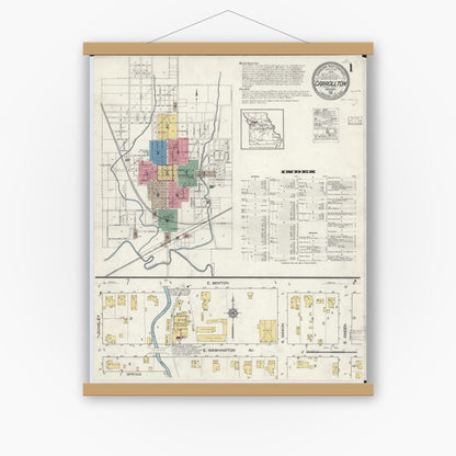 Old map wall art mockup — magnetic wood frame on white wall — Sanborn Fire Insurance Map from Carrollton, Carroll County, Missouri (1916) - Complete Map Set