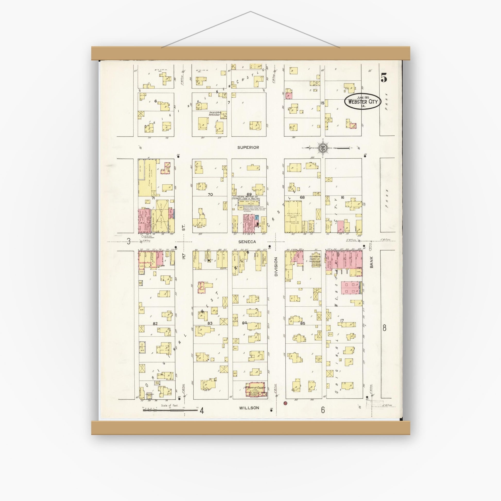 Old map wall art mockup — magnetic wood frame on white wall — Sanborn Fire Insurance Map from Webster City, Hamilton County, Iowa (1915), Sheet #0005