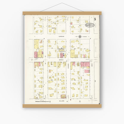 Old map wall art mockup — magnetic wood frame on white wall — Sanborn Fire Insurance Map from Webster City, Hamilton County, Iowa (1915), Sheet #0005