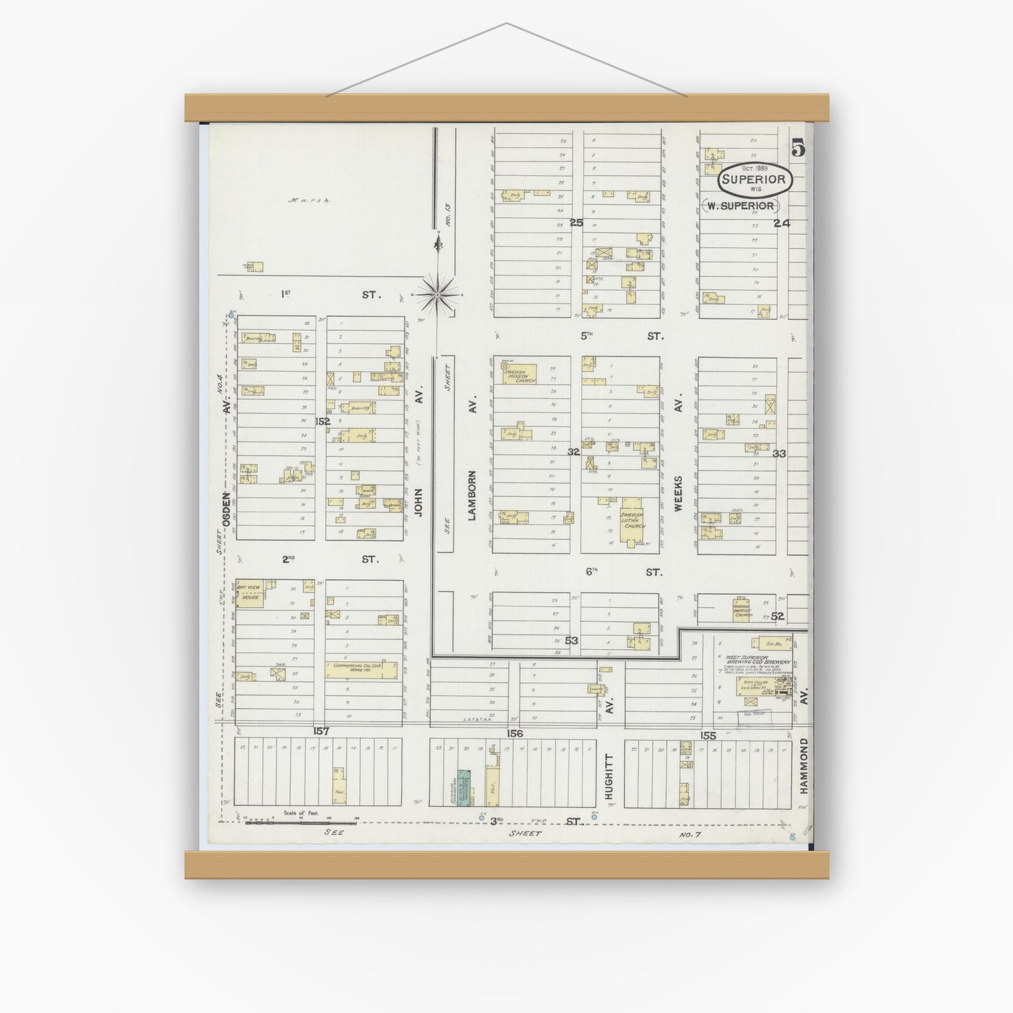 Old map wall art mockup — magnetic wood frame on white wall — Sanborn Fire Insurance Map from Superior, Douglas County, Wisconsin (1889), Sheet #0005
