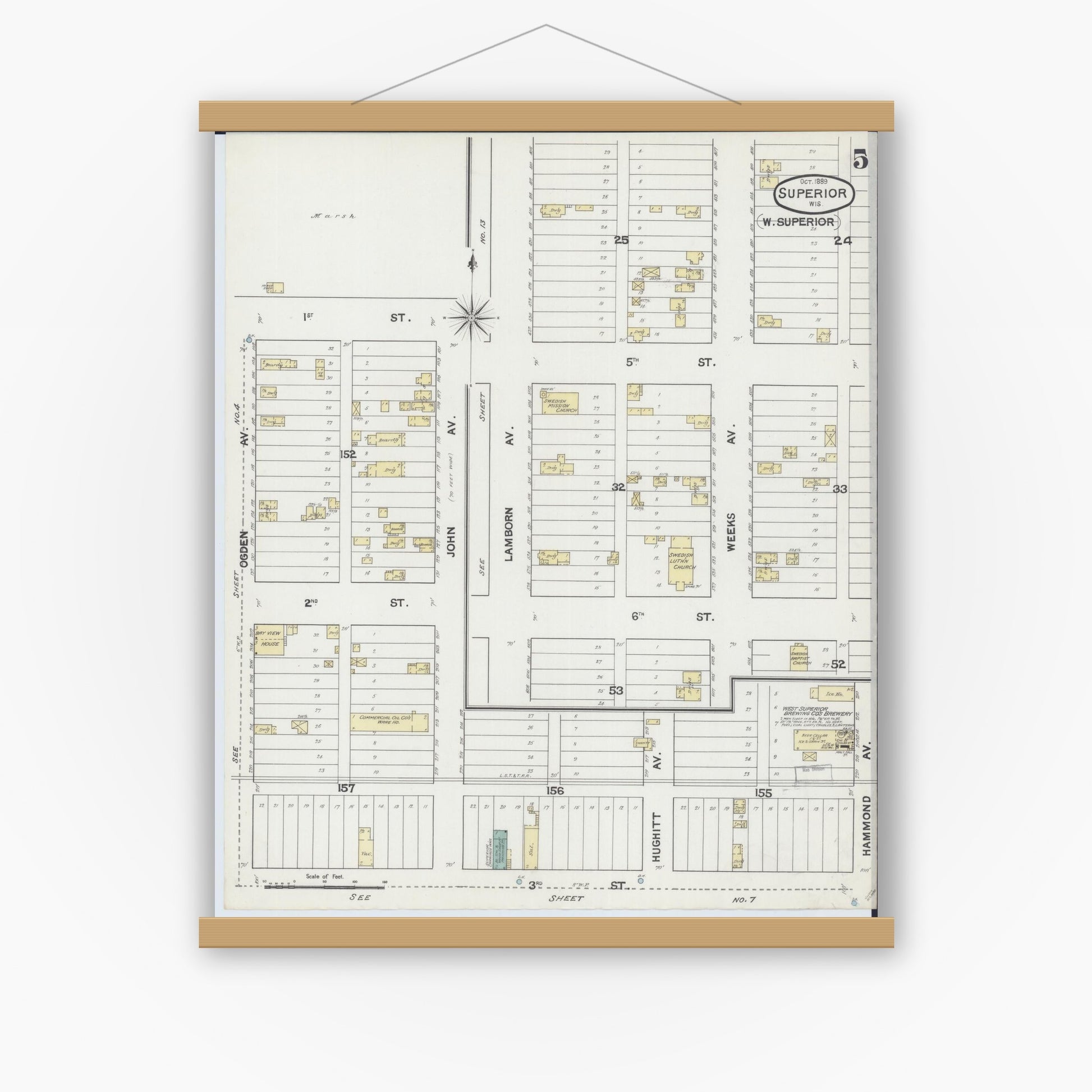 Old map wall art mockup — magnetic wood frame on white wall — Sanborn Fire Insurance Map from Superior, Douglas County, Wisconsin (1889), Sheet #0005