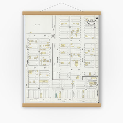 Old map wall art mockup — magnetic wood frame on white wall — Sanborn Fire Insurance Map from Superior, Douglas County, Wisconsin (1889), Sheet #0005