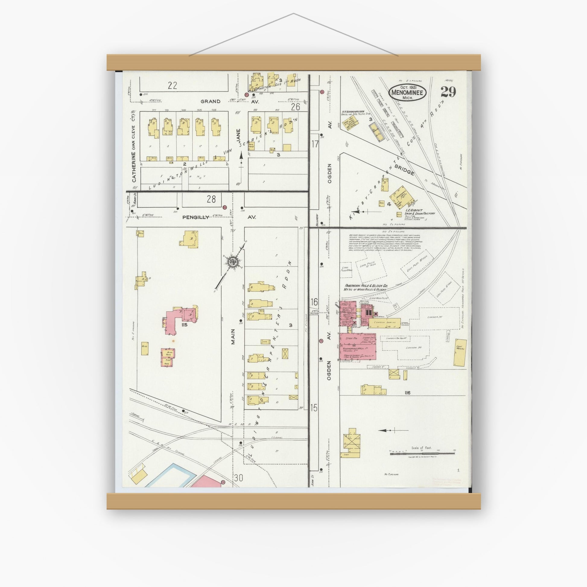 Old map wall art mockup — magnetic wood frame on white wall — Sanborn Fire Insurance Map from Menominee, Menominee County, Michigan (1921), Sheet #0029
