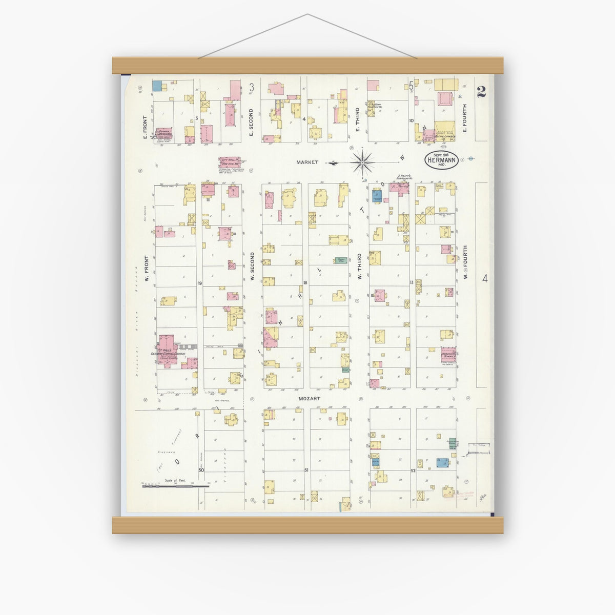 Old map wall art mockup — magnetic wood frame on white wall — Sanborn Fire Insurance Map from Hermann, Gasconade County, Missouri (1908), Sheet #0002