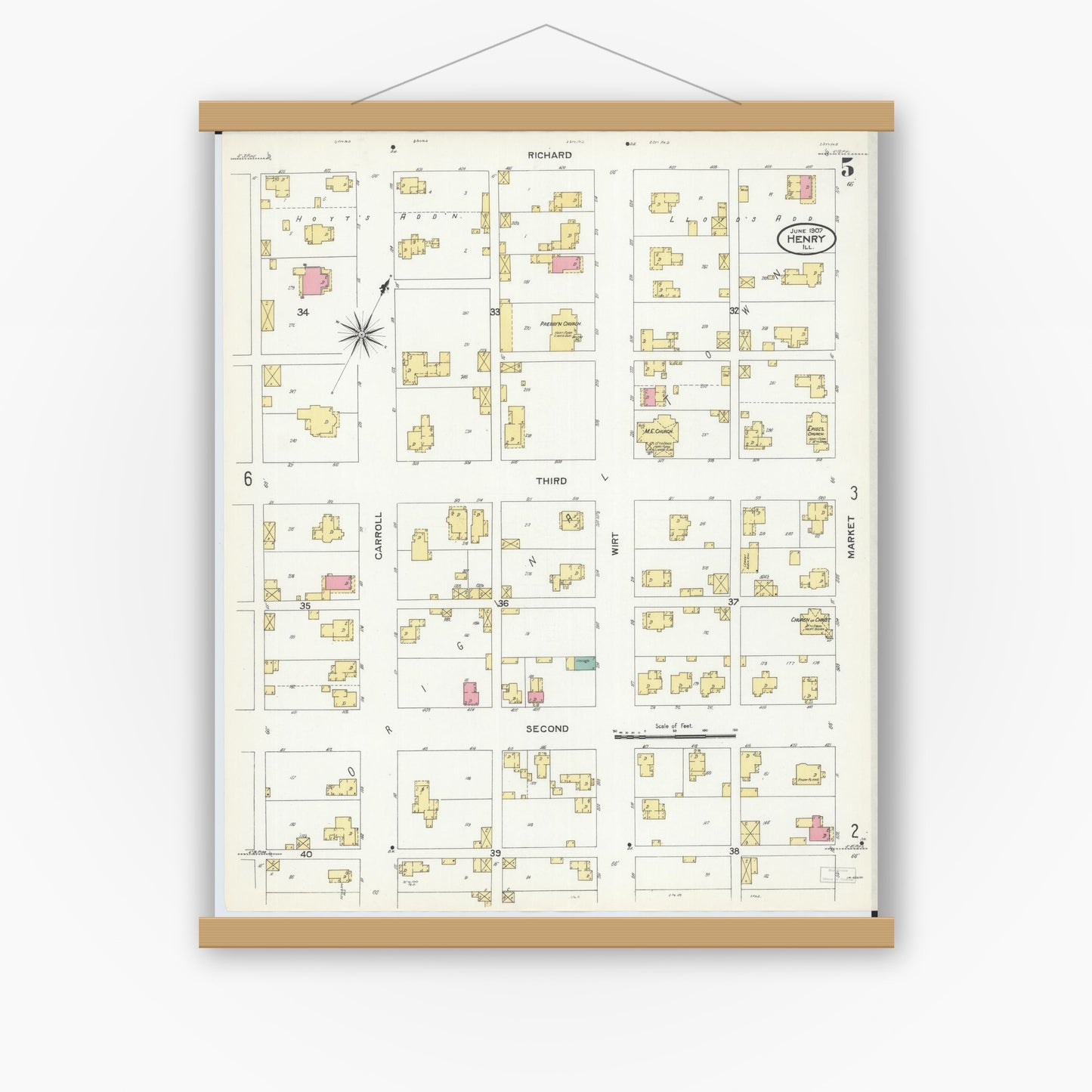 Old map wall art mockup — magnetic wood frame on white wall — Sanborn Fire Insurance Map from Henry, Marshall County, Illinois (1907), Sheet #0005