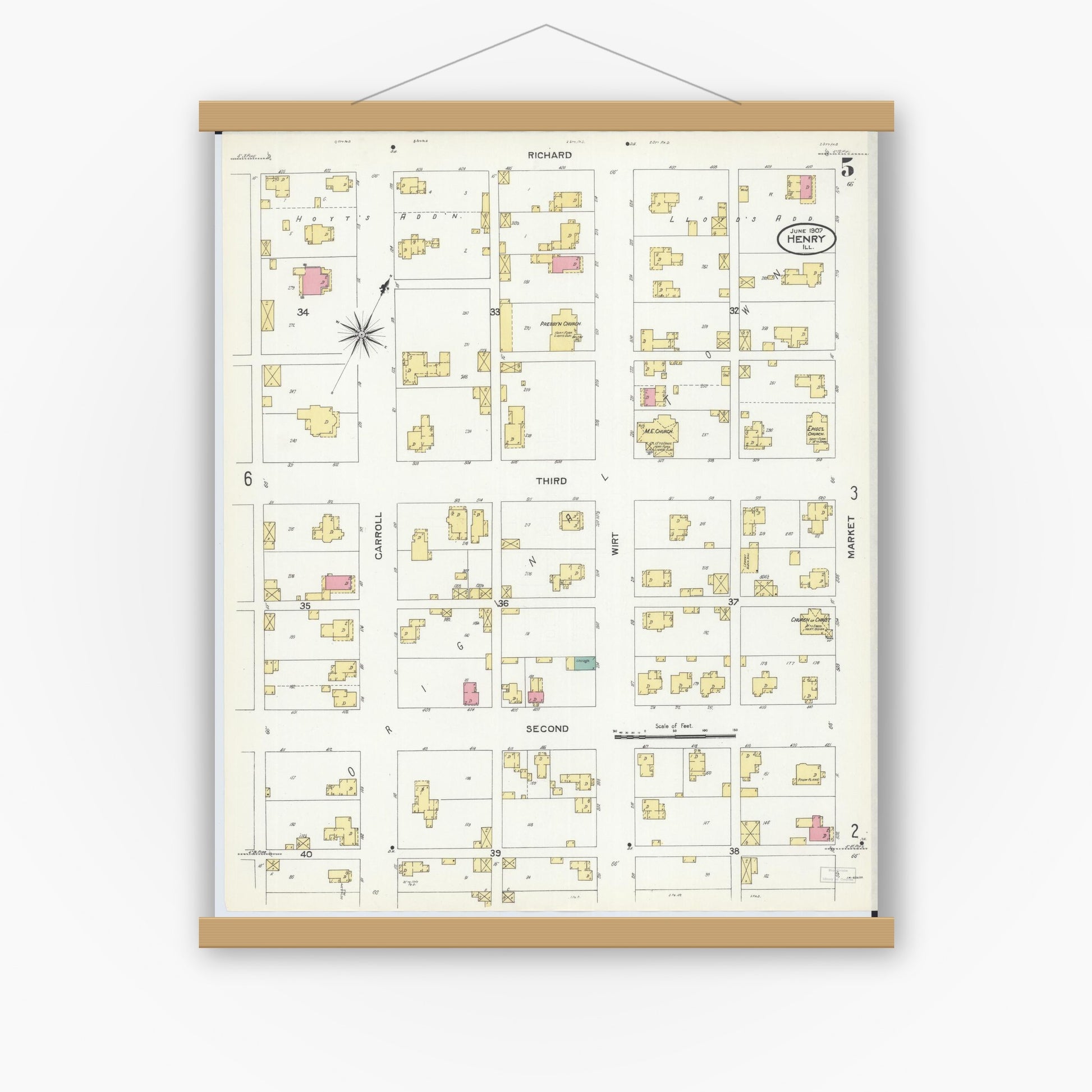 Old map wall art mockup — magnetic wood frame on white wall — Sanborn Fire Insurance Map from Henry, Marshall County, Illinois (1907), Sheet #0005
