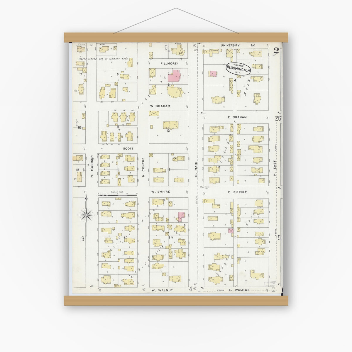 Old map wall art mockup — magnetic wood frame on white wall — Sanborn Fire Insurance Map from Bloomington, McLean County, Illinois (1896), Sheet #0002