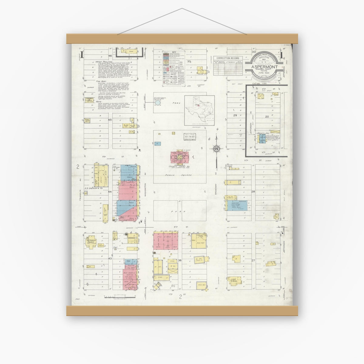 Old map wall art mockup — magnetic wood frame on white wall — Sanborn Fire Insurance Map from Aspermont, Stonewall County, Texas (1934) - Complete Map Set