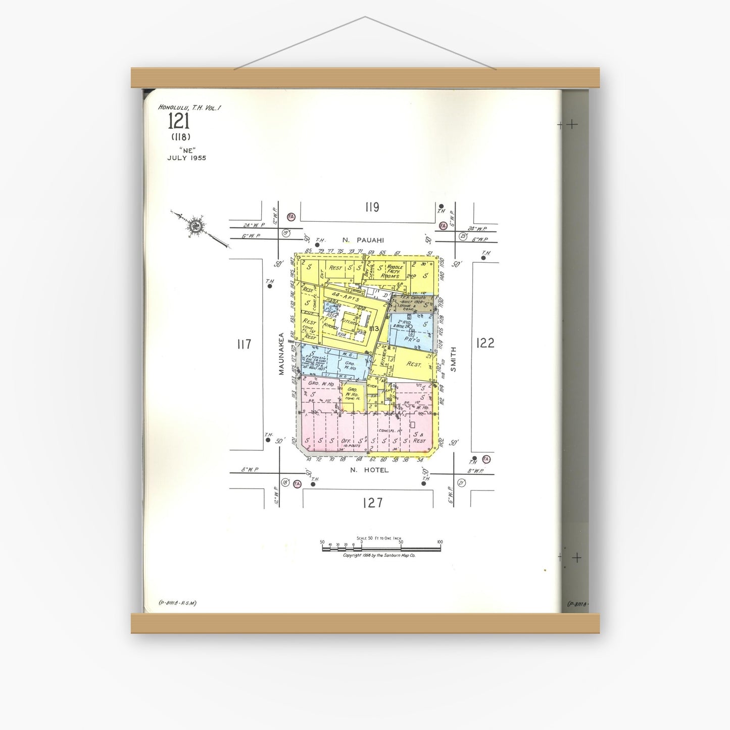 Old map wall art mockup — magnetic wood frame on white wall — Sanborn Fire Insurance Map from Honolulu, Oahu County, Hawaii (1955), Sheet #0121