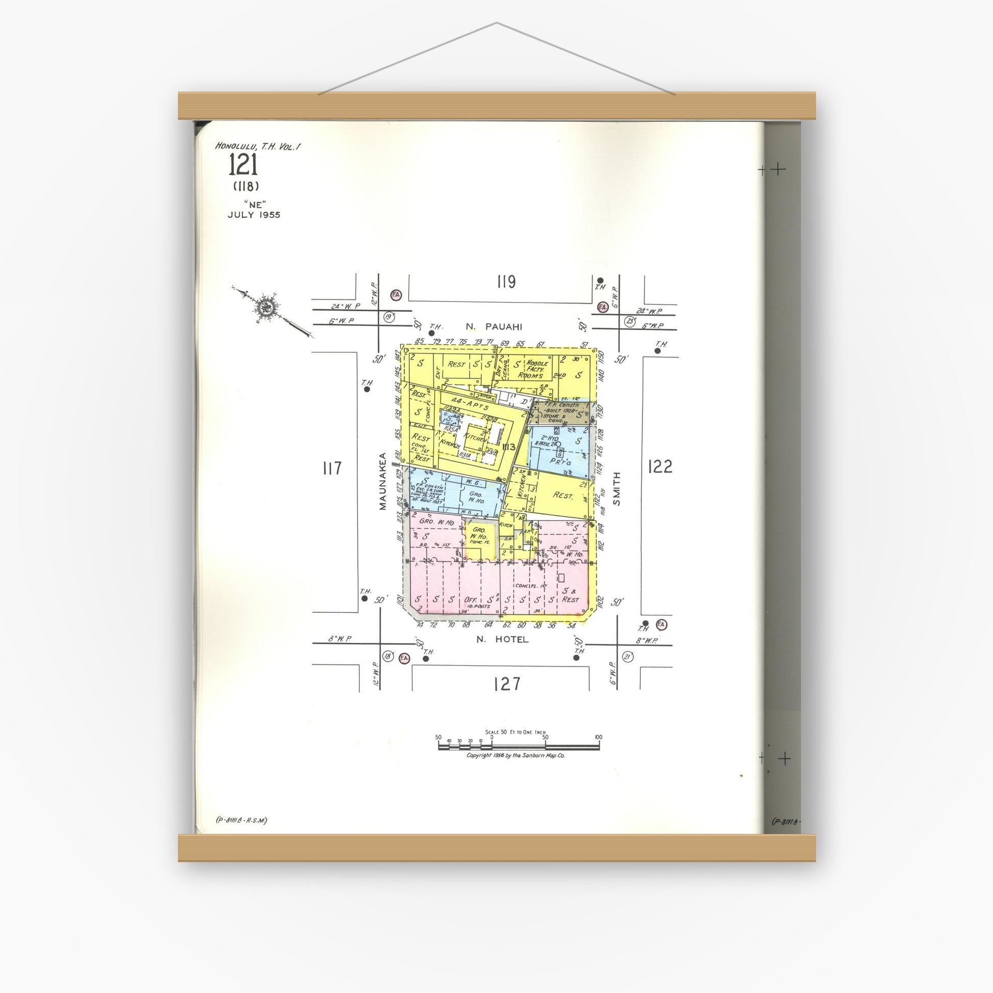 Old map wall art mockup — magnetic wood frame on white wall — Sanborn Fire Insurance Map from Honolulu, Oahu County, Hawaii (1955), Sheet #0121