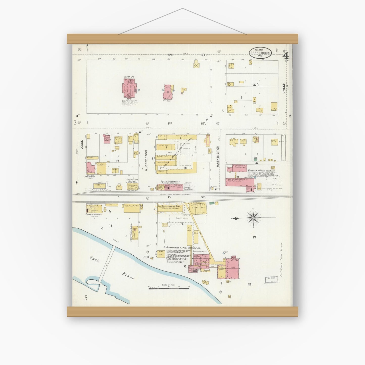 Old map wall art mockup — magnetic wood frame on white wall — Sanborn Fire Insurance Map from Jefferson, Jefferson County, Wisconsin (1904), Sheet #0004