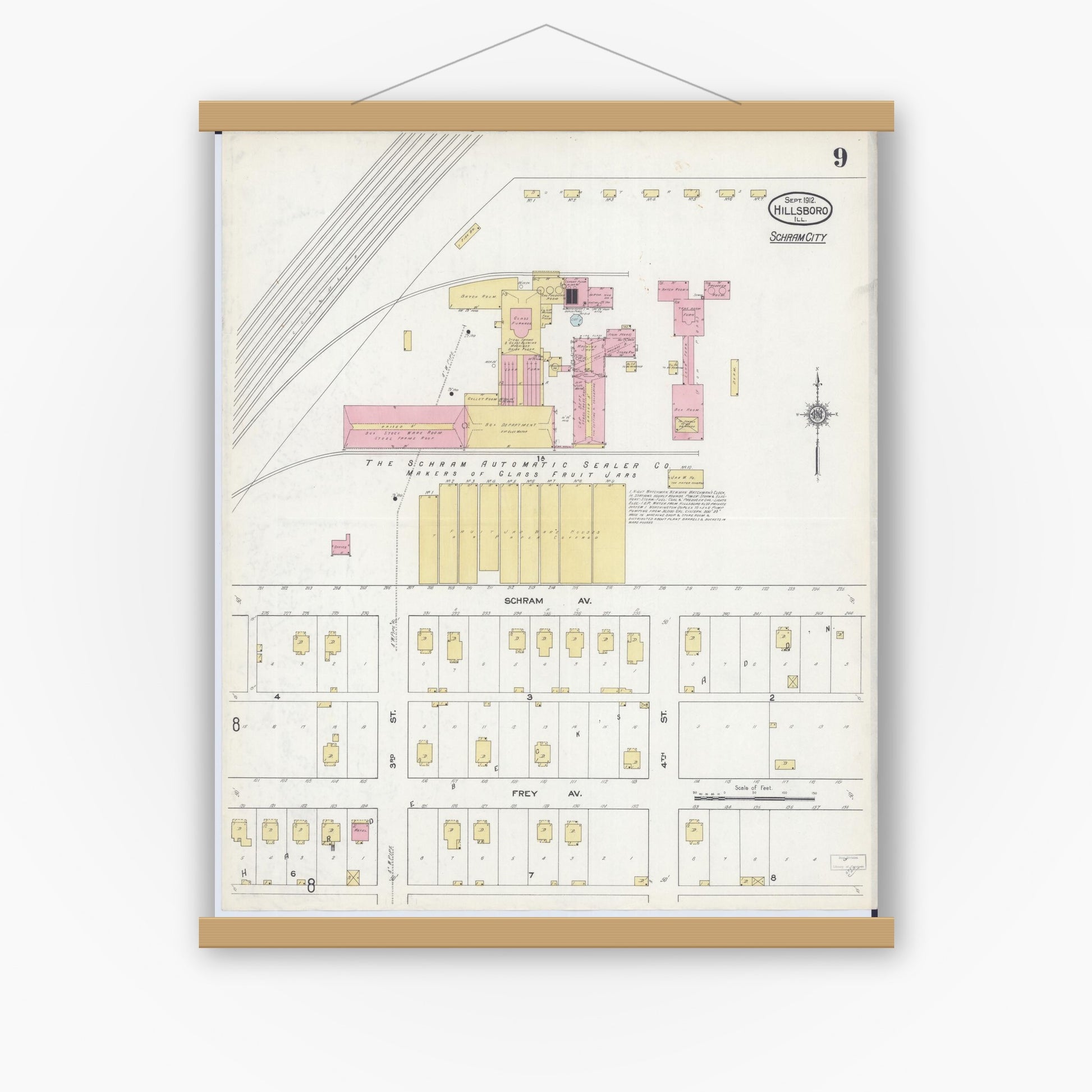 Old map wall art mockup — magnetic wood frame on white wall — Sanborn Fire Insurance Map from Hillsboro, Montgomery County, Illinois (1912), Sheet #0009