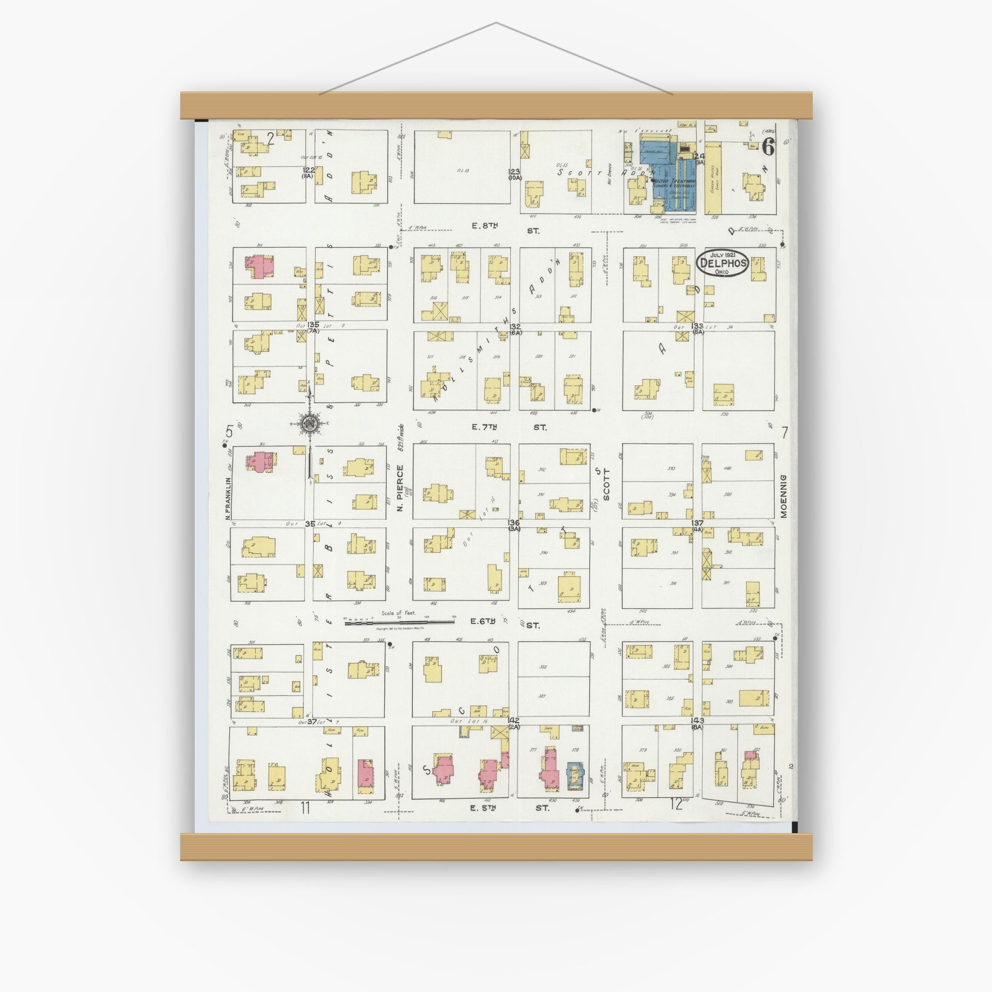 Old map wall art mockup — magnetic wood frame on white wall — Sanborn Fire Insurance Map from Delphos, Van Wert And Allen Counties, Ohio (1921), Sheet #0006