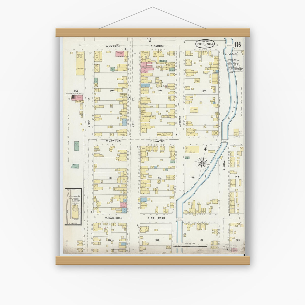 Old map wall art mockup — magnetic wood frame on white wall — Sanborn Fire Insurance Map from Pottsville, Schuylkill County, Pennsylvania (1895), Sheet #0018