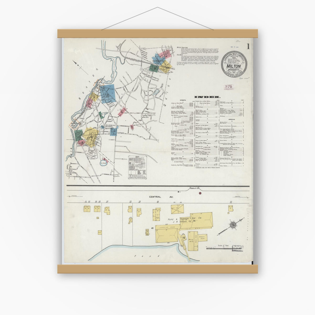 Old map wall art mockup — magnetic wood frame on white wall — Sanborn Fire Insurance Map from Milton, Norfolk County, Massachusetts (1911) - Complete Map Set