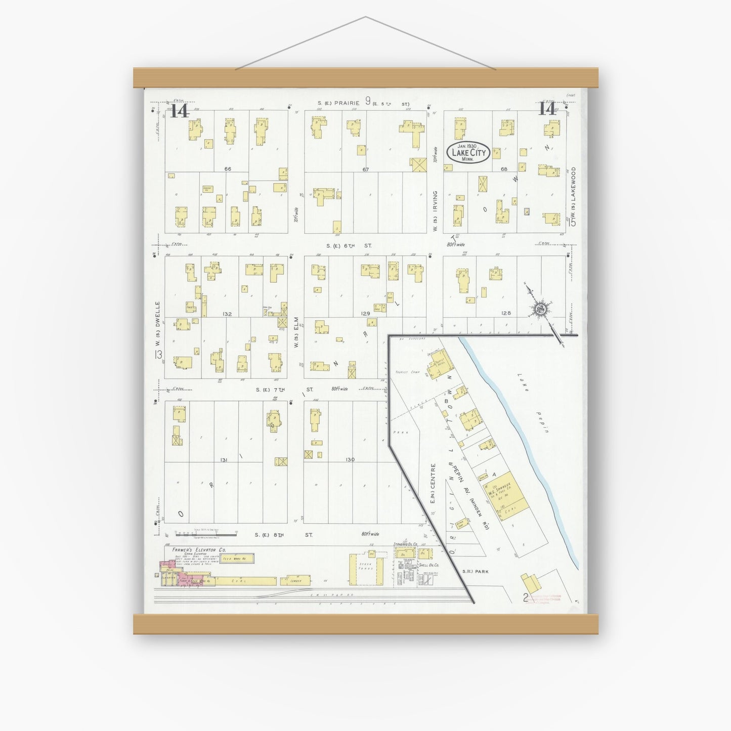 Old map wall art mockup — magnetic wood frame on white wall — Sanborn Fire Insurance Map from Lake City, Wabasha County, Minnesota (1930), Sheet #0014