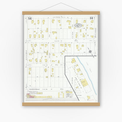 Old map wall art mockup — magnetic wood frame on white wall — Sanborn Fire Insurance Map from Lake City, Wabasha County, Minnesota (1930), Sheet #0014