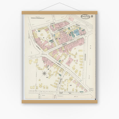Old map wall art mockup — magnetic wood frame on white wall — Sanborn Fire Insurance Map from Middletown, Orange County, New York (1887), Sheet #0007
