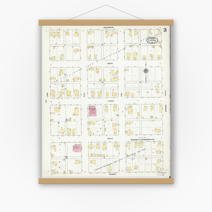 Old map wall art mockup — magnetic wood frame on white wall — Sanborn Fire Insurance Map from Eaton, Delaware County, Indiana (1910), Sheet #0003