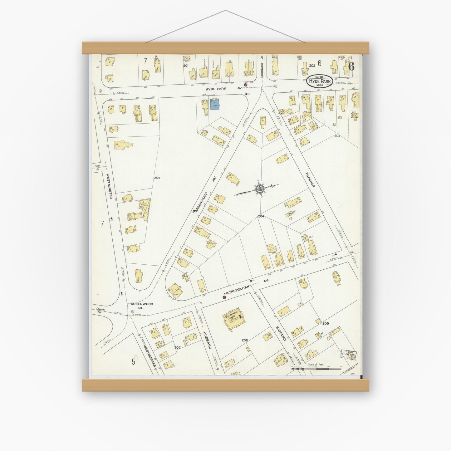 Old map wall art mockup — magnetic wood frame on white wall — Sanborn Fire Insurance Map from Hyde Park, Norfolk County, Massachusetts (1911), Sheet #0006