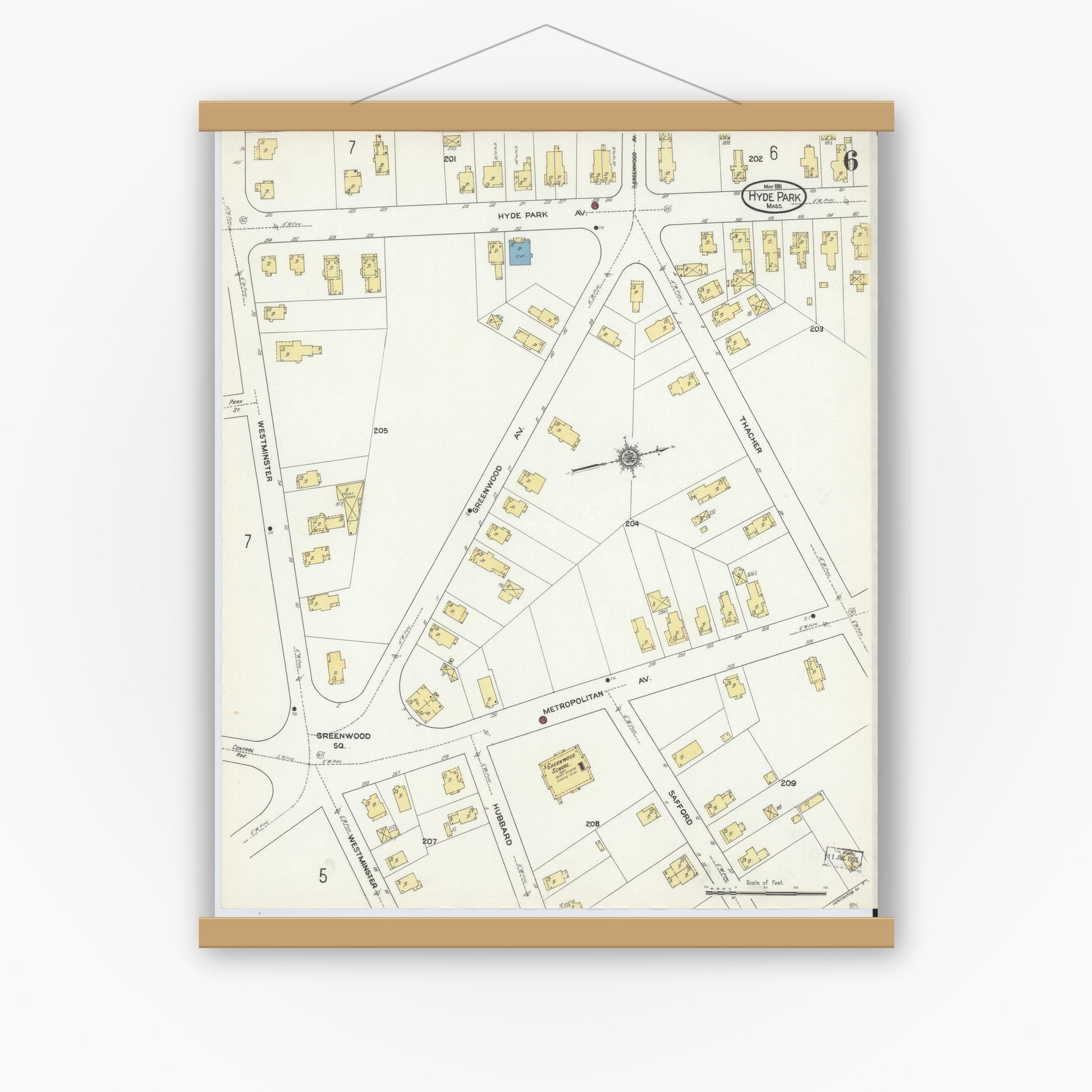 Old map wall art mockup — magnetic wood frame on white wall — Sanborn Fire Insurance Map from Hyde Park, Norfolk County, Massachusetts (1911), Sheet #0006