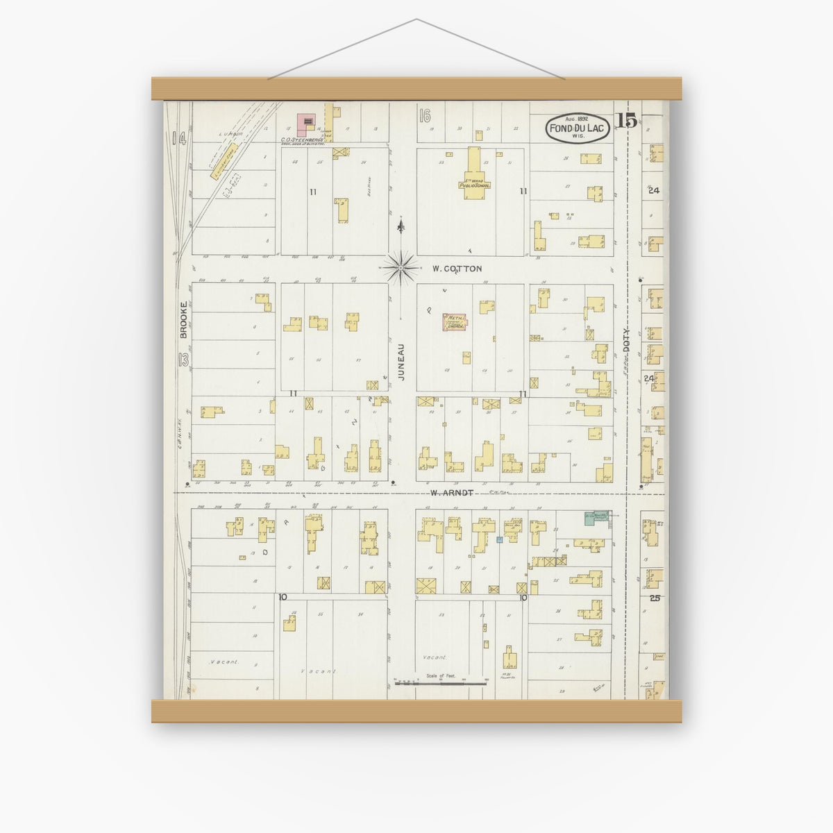 Old map wall art mockup — magnetic wood frame on white wall — Sanborn Fire Insurance Map from Fond du Lac, Fond du Lac County, Wisconsin (1892), Sheet #0015