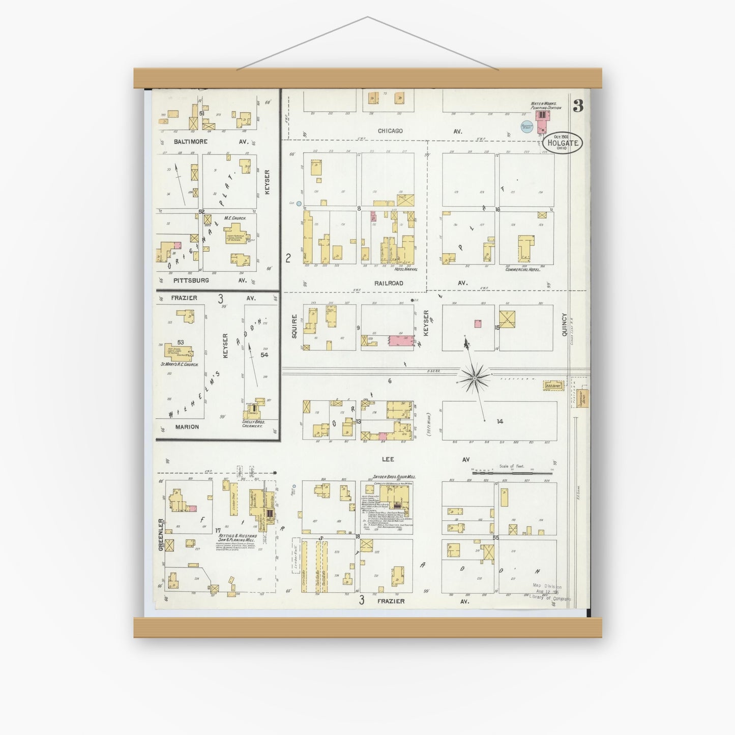 Old map wall art mockup — magnetic wood frame on white wall — Sanborn Fire Insurance Map from Holgate, Henry County, Ohio (1901), Sheet #0003