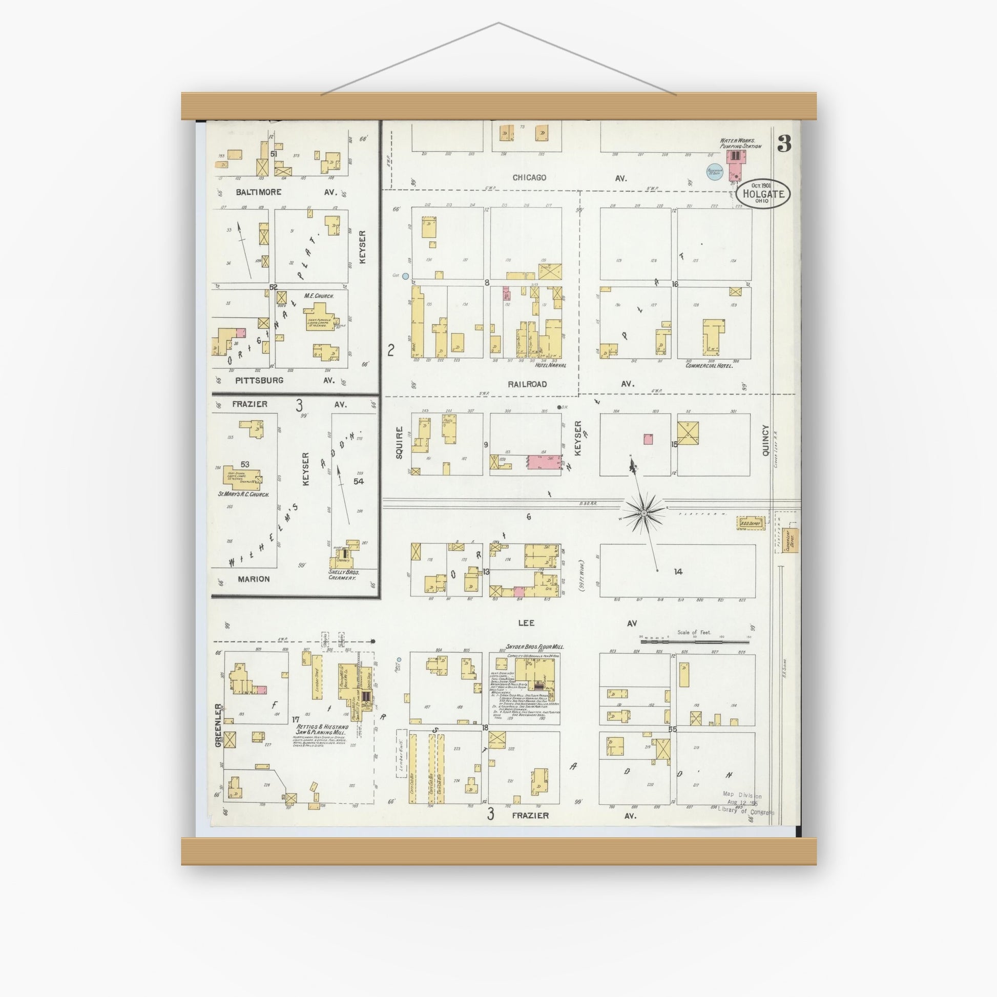 Old map wall art mockup — magnetic wood frame on white wall — Sanborn Fire Insurance Map from Holgate, Henry County, Ohio (1901), Sheet #0003