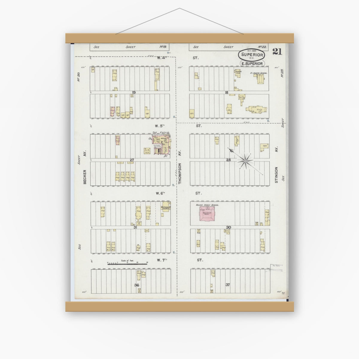 Old map wall art mockup — magnetic wood frame on white wall — Sanborn Fire Insurance Map from Superior, Douglas County, Wisconsin (1887), Sheet #0021