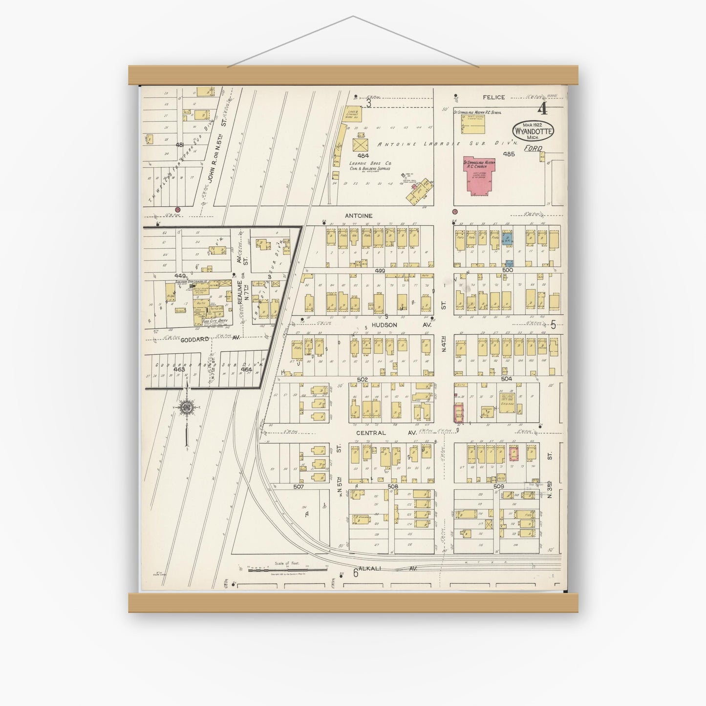 Old map wall art mockup — magnetic wood frame on white wall — Sanborn Fire Insurance Map from Wyandotte, Wayne County, Michigan (1922), Sheet #0004