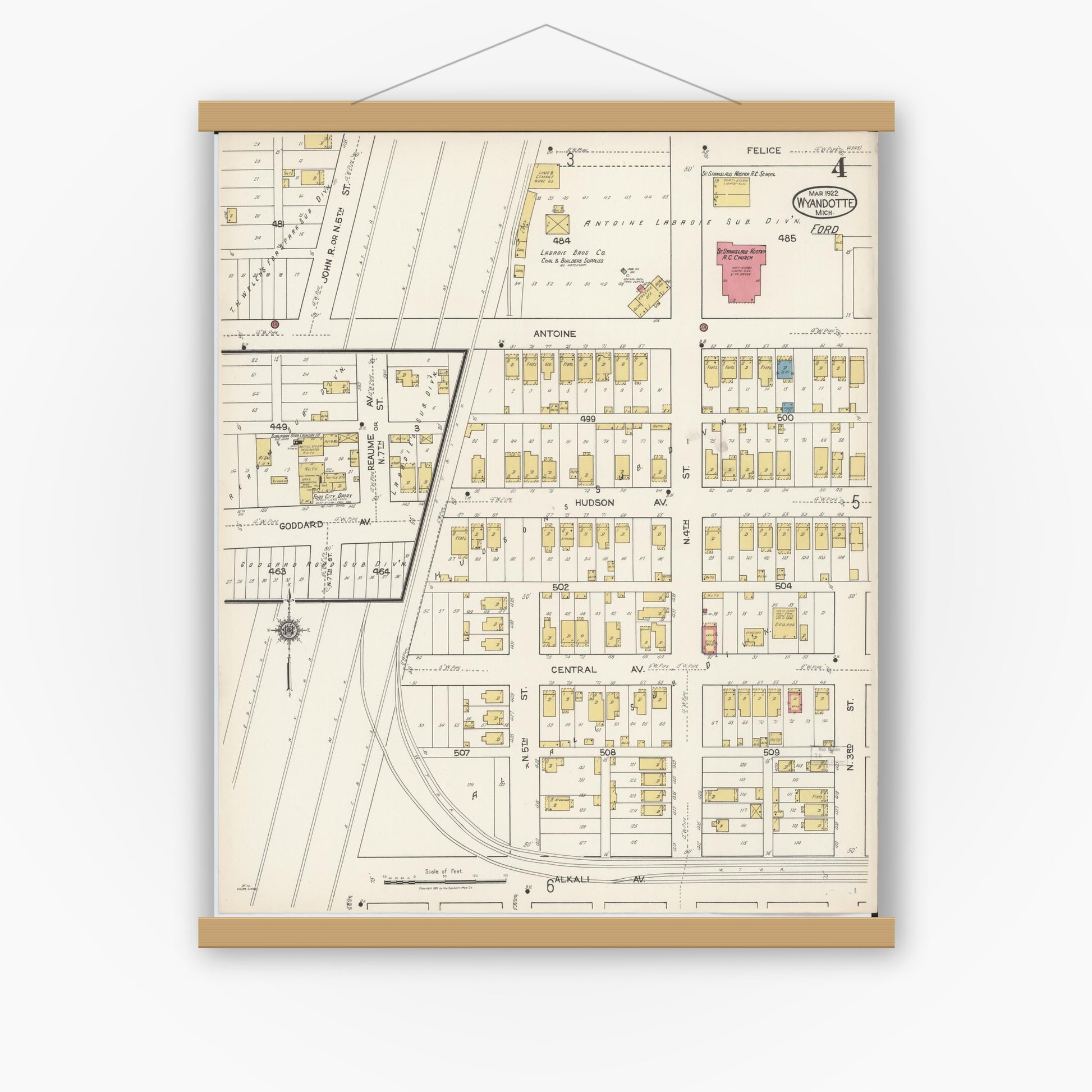 Old map wall art mockup — magnetic wood frame on white wall — Sanborn Fire Insurance Map from Wyandotte, Wayne County, Michigan (1922), Sheet #0004
