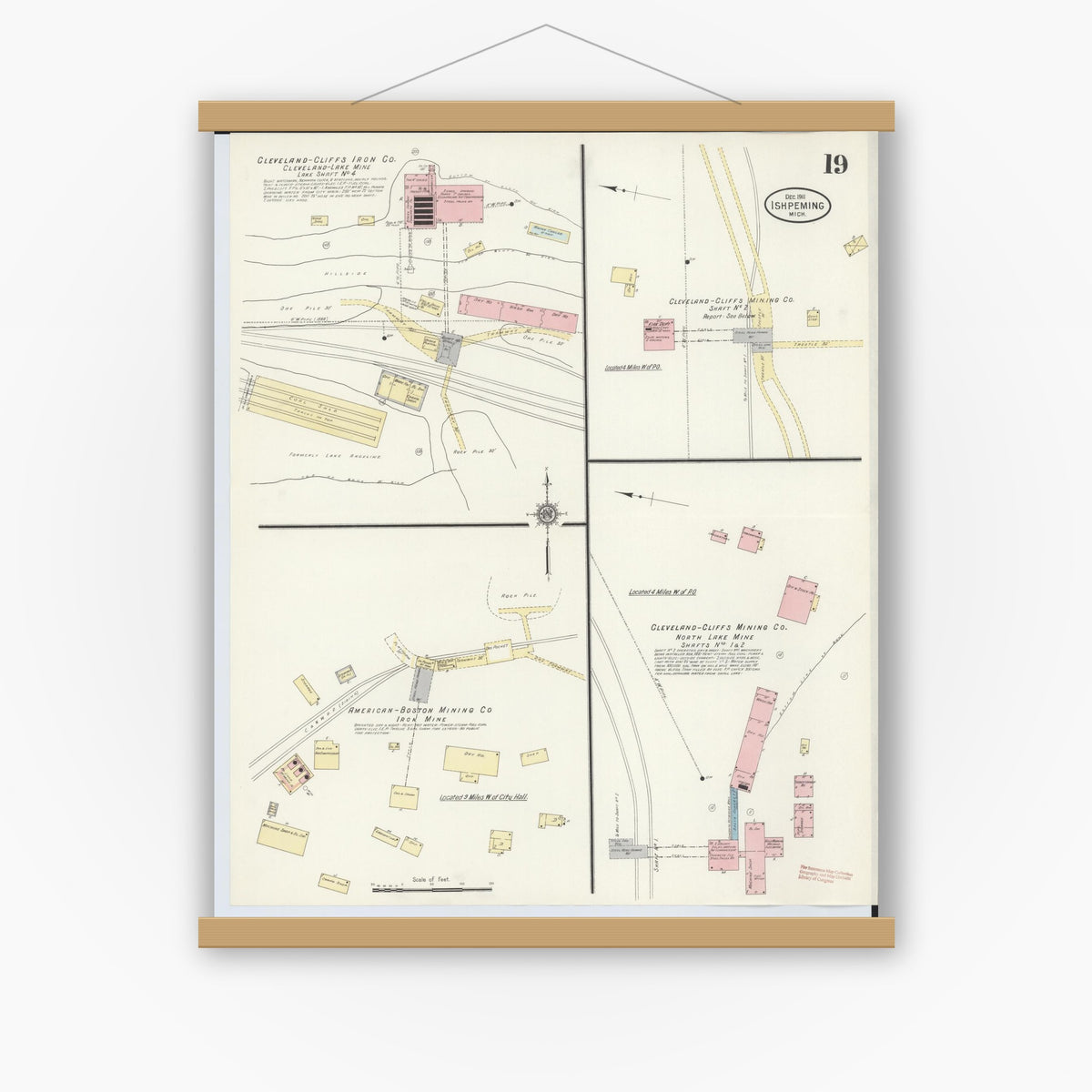 Old map wall art mockup — magnetic wood frame on white wall — Sanborn Fire Insurance Map from Ishpeming, Marquette County, Michigan (1911), Sheet #0019