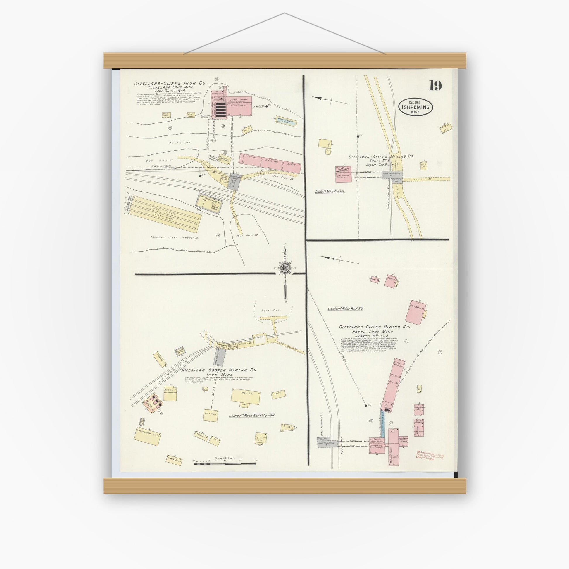 Old map wall art mockup — magnetic wood frame on white wall — Sanborn Fire Insurance Map from Ishpeming, Marquette County, Michigan (1911), Sheet #0019