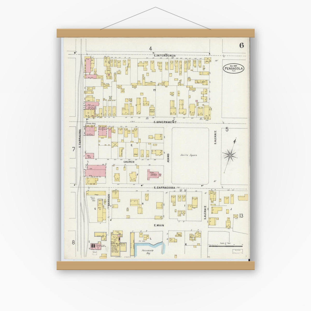 Old map wall art mockup — magnetic wood frame on white wall — Sanborn Fire Insurance Map from Pensacola, Escambia County, Florida (1897), Sheet #0006