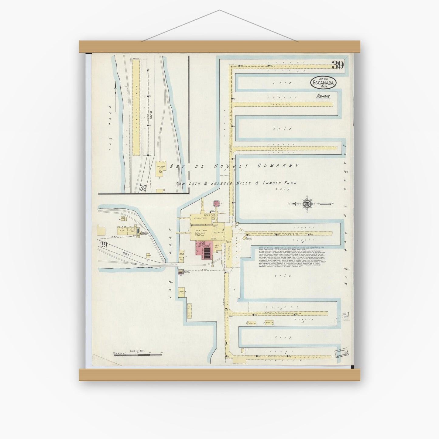 Old map wall art mockup — magnetic wood frame on white wall — Sanborn Fire Insurance Map from Escanaba, Delta County, Michigan (1913), Sheet #0039
