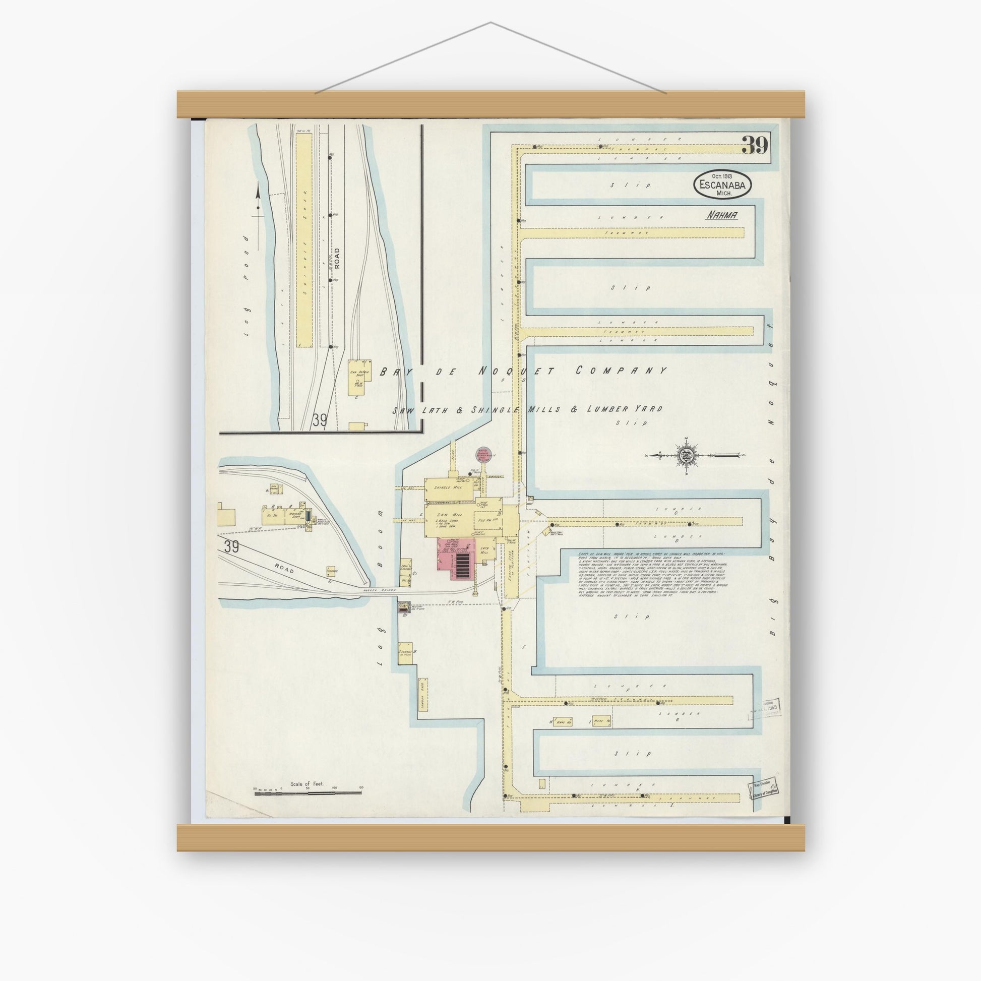 Old map wall art mockup — magnetic wood frame on white wall — Sanborn Fire Insurance Map from Escanaba, Delta County, Michigan (1913), Sheet #0039