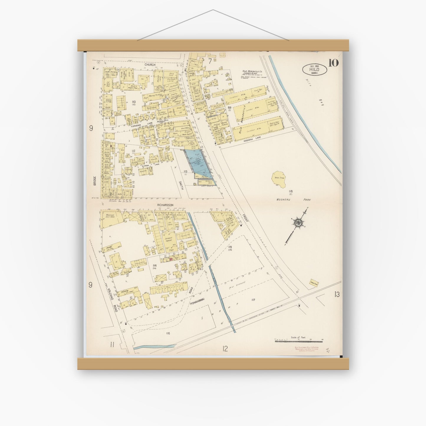 Old map wall art mockup — magnetic wood frame on white wall — Sanborn Fire Insurance Map from Hilo, Hawaii County, Hawaii (1914), Sheet #0010