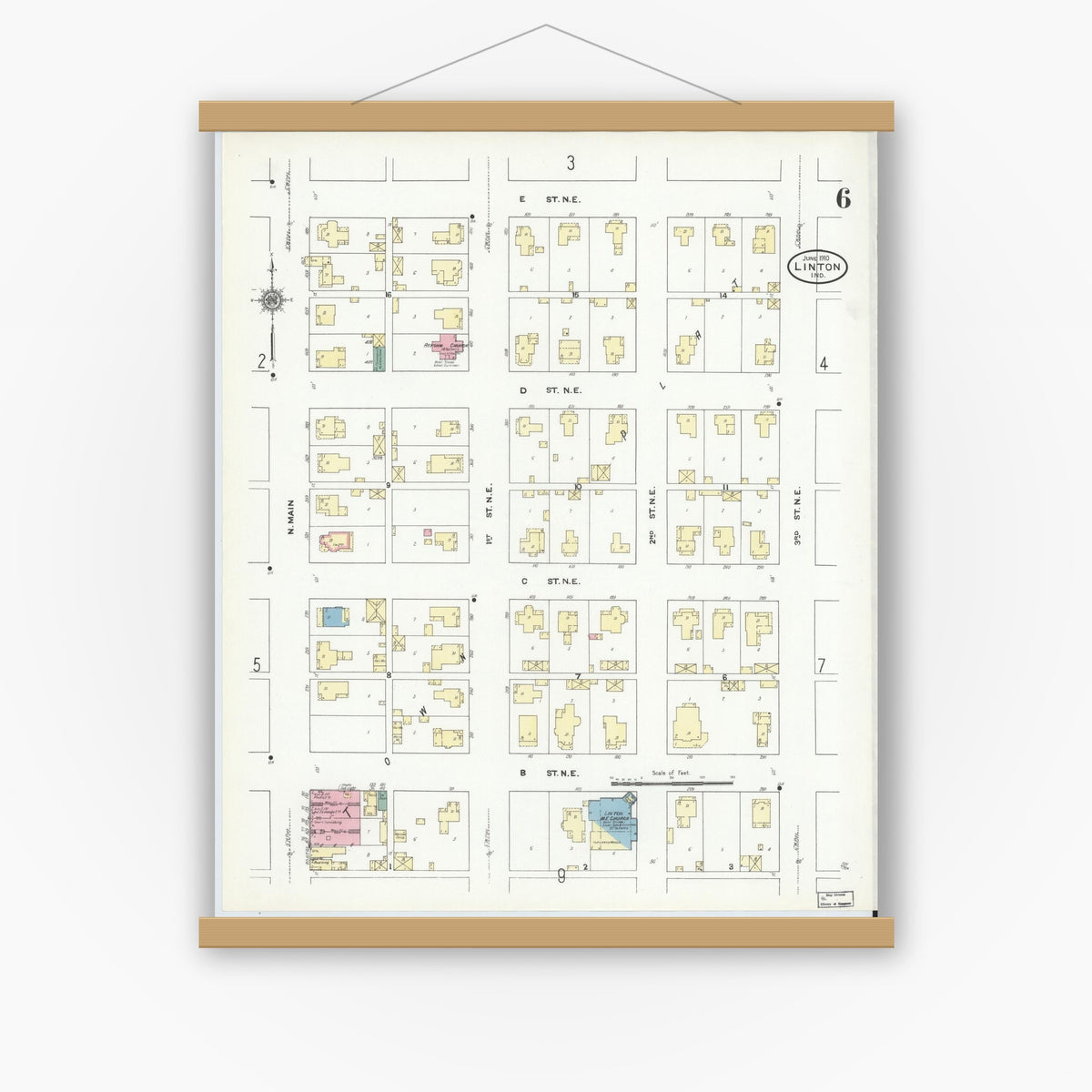 Old map wall art mockup — magnetic wood frame on white wall — Sanborn Fire Insurance Map from Linton, Greene County, Indiana (1910), Sheet #0006