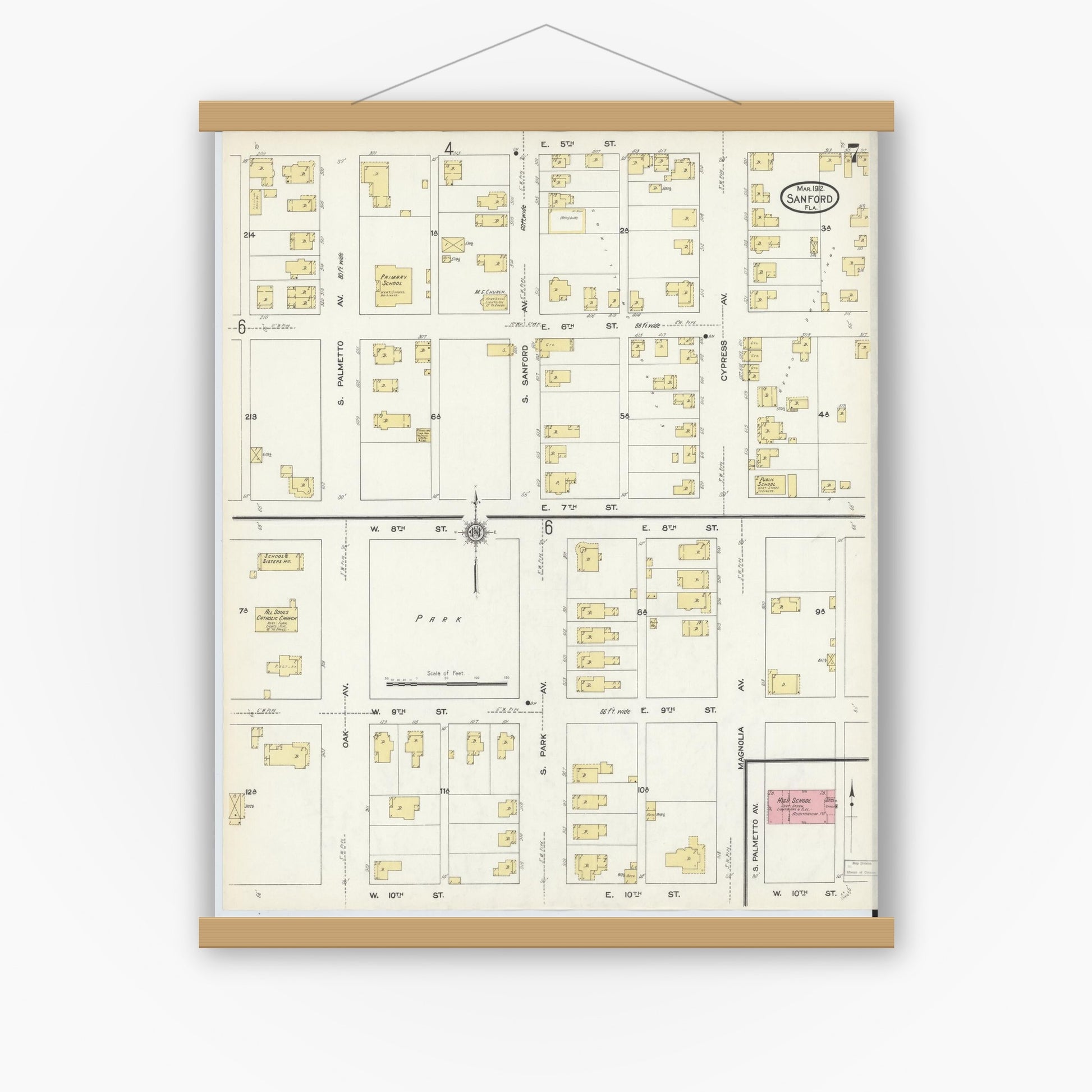 Old map wall art mockup — magnetic wood frame on white wall — Sanborn Fire Insurance Map from Sanford, Seminole County, Florida (1912), Sheet #0007