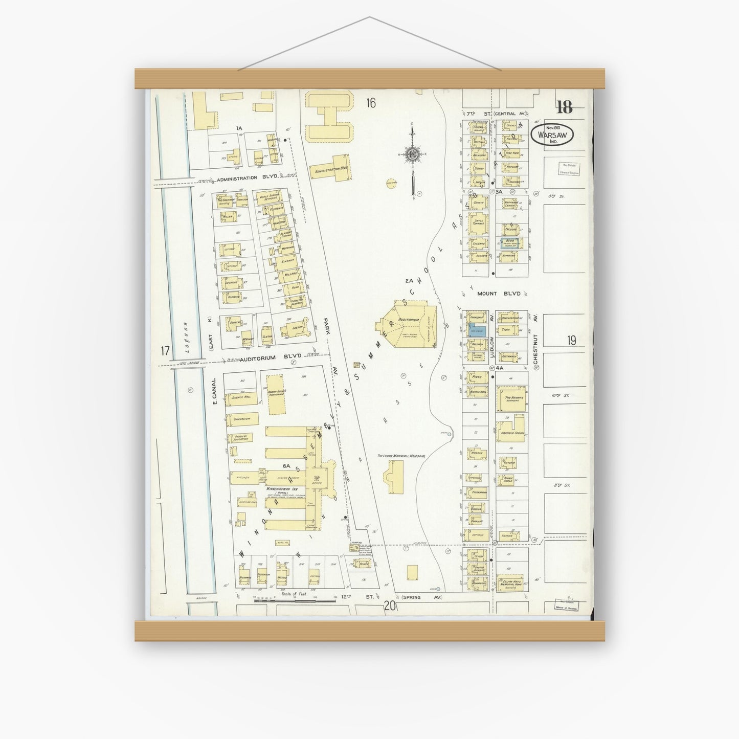 Old map wall art mockup — magnetic wood frame on white wall — Sanborn Fire Insurance Map from Warsaw, Kosciusko County, Indiana (1910), Sheet #0018