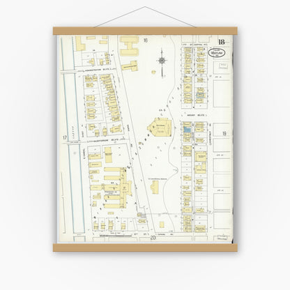 Old map wall art mockup — magnetic wood frame on white wall — Sanborn Fire Insurance Map from Warsaw, Kosciusko County, Indiana (1910), Sheet #0018