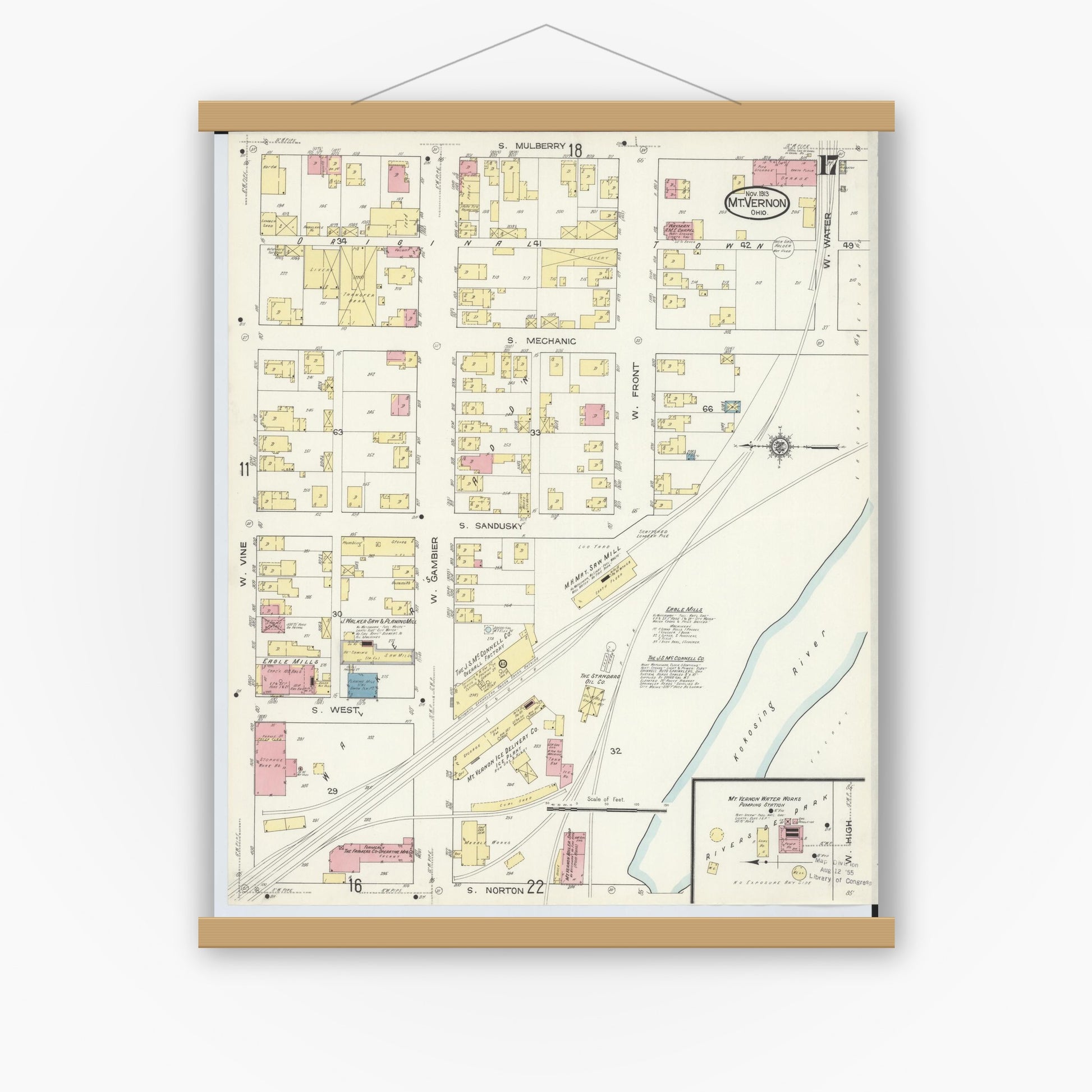 Old map wall art mockup — magnetic wood frame on white wall — Sanborn Fire Insurance Map from Mount Vernon, Knox County, Ohio (1913), Sheet #0017